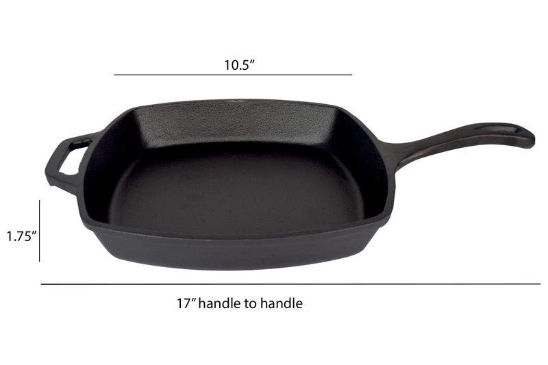 Jim Beam JB0217 10.5" Pre Seasoned Cast Iron Square Skillet for Grill, Gas, Oven, Electric, Induction and Glass", Black - Image 1